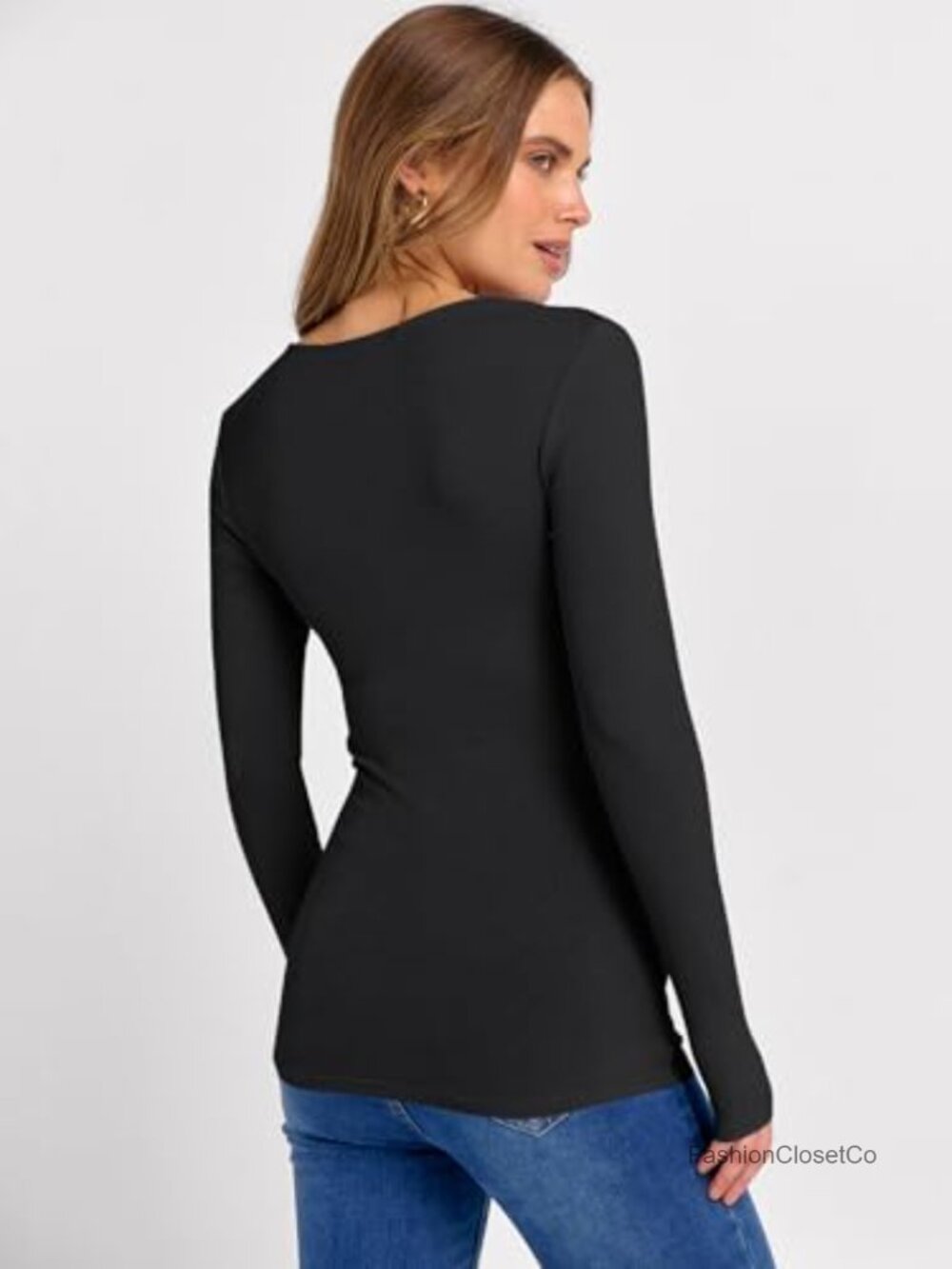 Long Sleeve Square Neck Ribbed Skinny Fit Top Women's Pullover - Picture 3 of 6